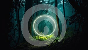 Mystical glowing neon light creepy circle or portal in the forest, AI generated