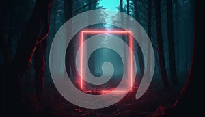 Mystical glowing neon light creepy square or portal in the forest, AI generated