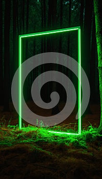 Mystical glowing neon light creepy square or portal in the forest, AI generated