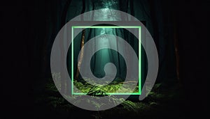 Mystical glowing neon light creepy square or portal in the forest, AI generated