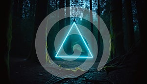 Mystical glowing neon light creepy triangle or portal in the forest, AI generated