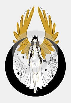 Mystical goddess woman or angel with golden wings, divine boho design. Lunar lady with a star in her hands. Heavenly hand drawn