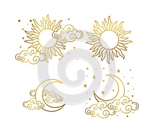 Mystical gold boho style tattoos with sun, crescent, stars and clouds. Linear design, gold foil. A set of elements for