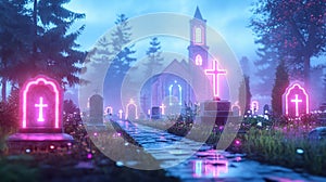 A mystical graveyard at night with glowing crosses and a charming church, surrounded by fog and ethereal trees photo