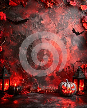 Mystical Halloween Background with Jack o\' Lantern, Bats, Autumn Leaves, and Glowing Lanterns on a Dark, Textured Surface