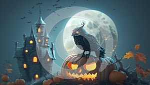 Enchanted Halloween Scene: Crow Creature Perched on Glowing Pumpkin with Spooky Castle and Moon in Background photo