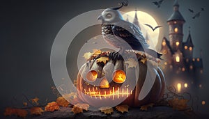 Enchanted Halloween Scene: Crow Creature Perched on Glowing Pumpkin with Spooky Castle and Moon in Background photo