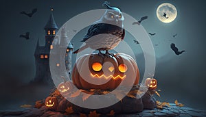 Enchanted Halloween Scene: Crow Creature Perched on Glowing Pumpkin with Spooky Castle and Moon in Background photo