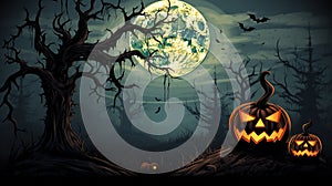 Mystical Halloween Night Sky with Moon, Bats, lantern, and Owl