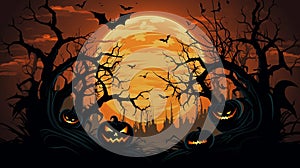 Mystical Halloween Night Sky with Moon, Bats, lantern, and Owl