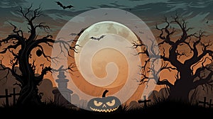 Mystical Halloween Night Sky with Moon, Bats, lantern, and Owl