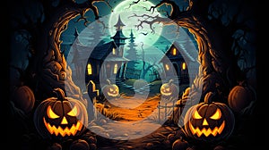 Mystical Halloween Night Sky with Moon, Bats, lantern, and Owl