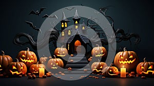 Mystical Halloween Night Sky with Moon, Bats, lantern, and pumpkins