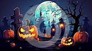 Mystical Halloween Night Sky with Moon, Bats, lantern, and pumpkins