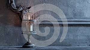 Mystical Halloween still-life background. Candlestick with candles, old fireplace. Horror and witchery.