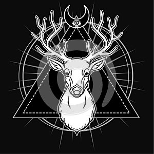 Mystical image of the head of a horned deer, sacred geometry, symbols of the moon.