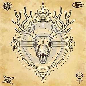 Mystical image of the skull a horned deer, sacred geometry, symbols of the moon.