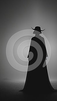 A mystical image of a woman in a dress and hat. A horror woman. Black and white image. Generated AI.