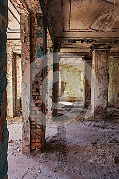 Mystical interior, ruins of an abandoned ruined building of house of culture, theater of USSR. Old destroyed walls, corridor with