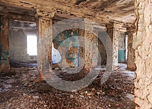 Mystical interior, ruins of an abandoned ruined building of house of culture, theater of USSR. Old destroyed walls, corridor with