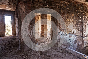 Mystical interior, ruins of an abandoned ruined building of house of culture, theater of USSR. Old destroyed walls, corridor with