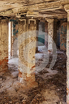 Mystical interior, ruins of an abandoned ruined building of house of culture, theater of USSR. Old destroyed walls, corridor with