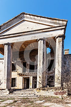 Mystical interior, ruins of an abandoned ruined building of house of culture, theater of USSR. Old destroyed walls, corridor with