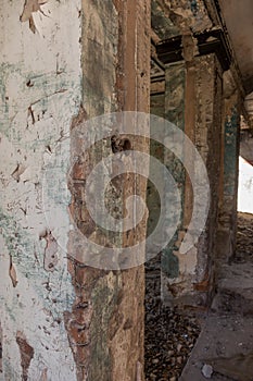 Mystical interior, ruins of an abandoned ruined building of house of culture, theater of USSR. Old destroyed walls, corridor with