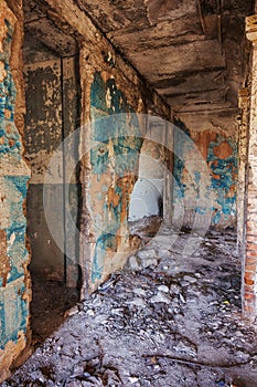 Mystical interior, ruins of an abandoned ruined building of house of culture, theater of USSR. Old destroyed walls, corridor with