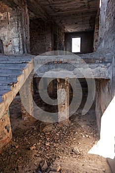 Mystical interior, ruins of an abandoned ruined building of house of culture, theater of USSR. Old destroyed walls, corridor with