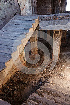 Mystical interior, ruins of an abandoned ruined building of house of culture, theater of USSR. Old destroyed walls, corridor with