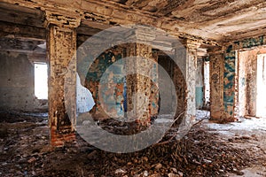 Mystical interior, ruins of an abandoned ruined building of house of culture, theater of USSR. Old destroyed walls, corridor with