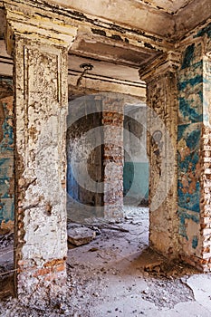 Mystical interior, ruins of an abandoned ruined building of house of culture, theater of USSR. Old destroyed walls, corridor with