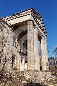 Mystical interior, ruins of an abandoned ruined building of house of culture, theater of USSR. Old destroyed walls, corridor with