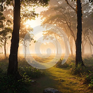 Mystical jungle landscape. Fancy trees in the morning golden mist. The sun is shining in the orange-lit sky.