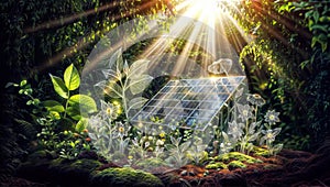 Mystical Jungle: Solar Panels in Ethereal Light, generative ai