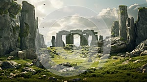 Mystical Karst Landscape With Scattered Stonehenge In A Cave