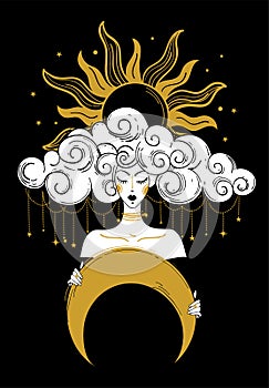 Mystical lady holding a crescent moon in her hands, illustration for tarot, astrology, fortune telling. The concept of