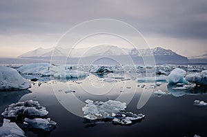 Mystical lagoon full of icebergs at Jokulsarlon Glacier lagoon in southern Iceland