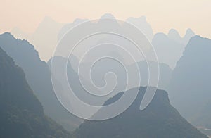 Mystical landscape of misty karst peaks, Yangshuo, China