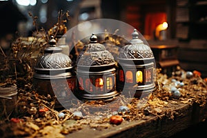 Intricately designed lanterns emitting a warm, amber glow, surrounded by dried flora and rustic elements