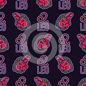 Mystical Leo star sign with ruby birth stone crystal seamless vector pattern. Hand drawn geology background. Trendy magical order