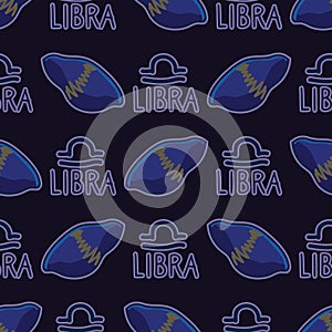 Mystical Libra star sign with sapphire birth stone crystal seamless vector pattern. Hand drawn geology background. Trendy magical