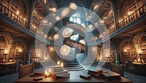 A mystical library in a castle tower with spiral stone staircases leading to several levels of bookshelves.