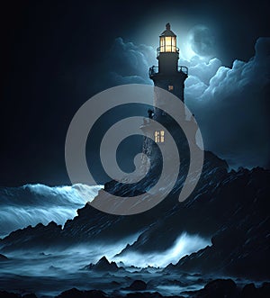 A mystical lighthouse, couds, moonlight and light