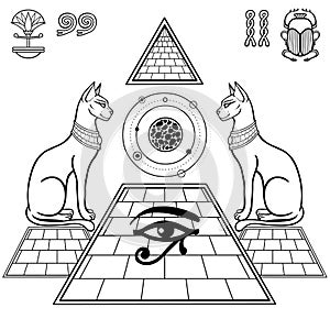 Mystical linear drawing: Sacred cats  goddess Bastet guard the pyramid.