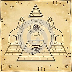Mystical linear drawing: Sacred cats goddess Bastet guard the pyramid.