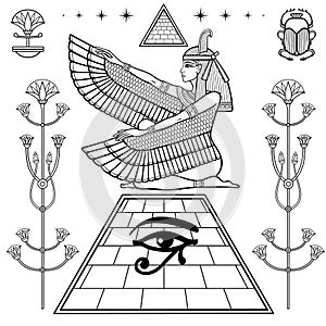 Mystical linear drawing: winged goddess Isis at top of the Egyptian pyramid. Papyrus flowers, hieroglyphs.