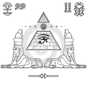 Mystical linear drawing: women sphinxes guard the Egyptian pyramid. All-Seeing Eye of the god Horus.