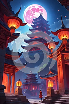 A mystical lunar eclipse over an ancient temple, with glowing lanterns